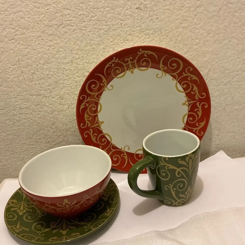 Gold Scroll by Noble Excellence Dinnerware 4 Piece Set Red Green Dinnerware Set